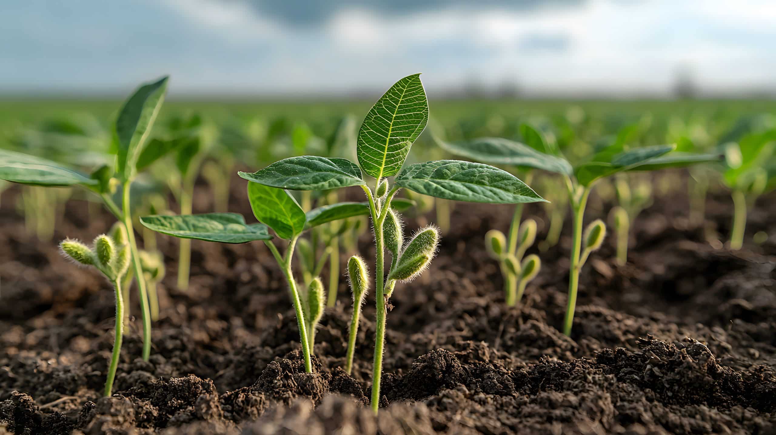 green soybean seedlings emerging from dark soil under a cloudy sky.