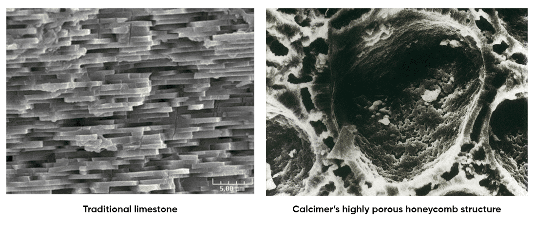 Image showing difference from traditional limestone to Calcimer's highly porous honeycomb structure.