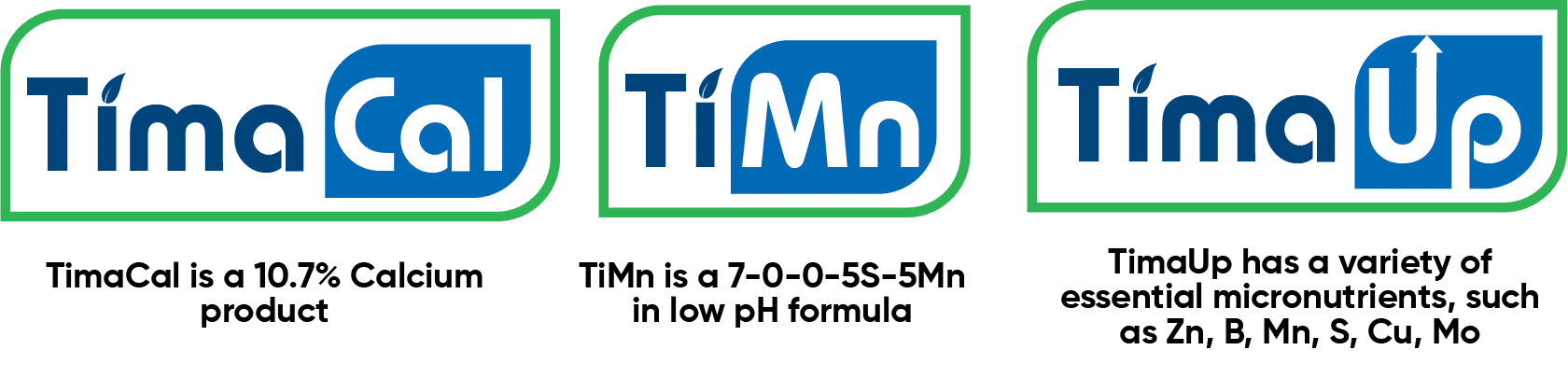 Logos of products in the Timaline and their formulations: TimaCal, TiMn and TimaUp.