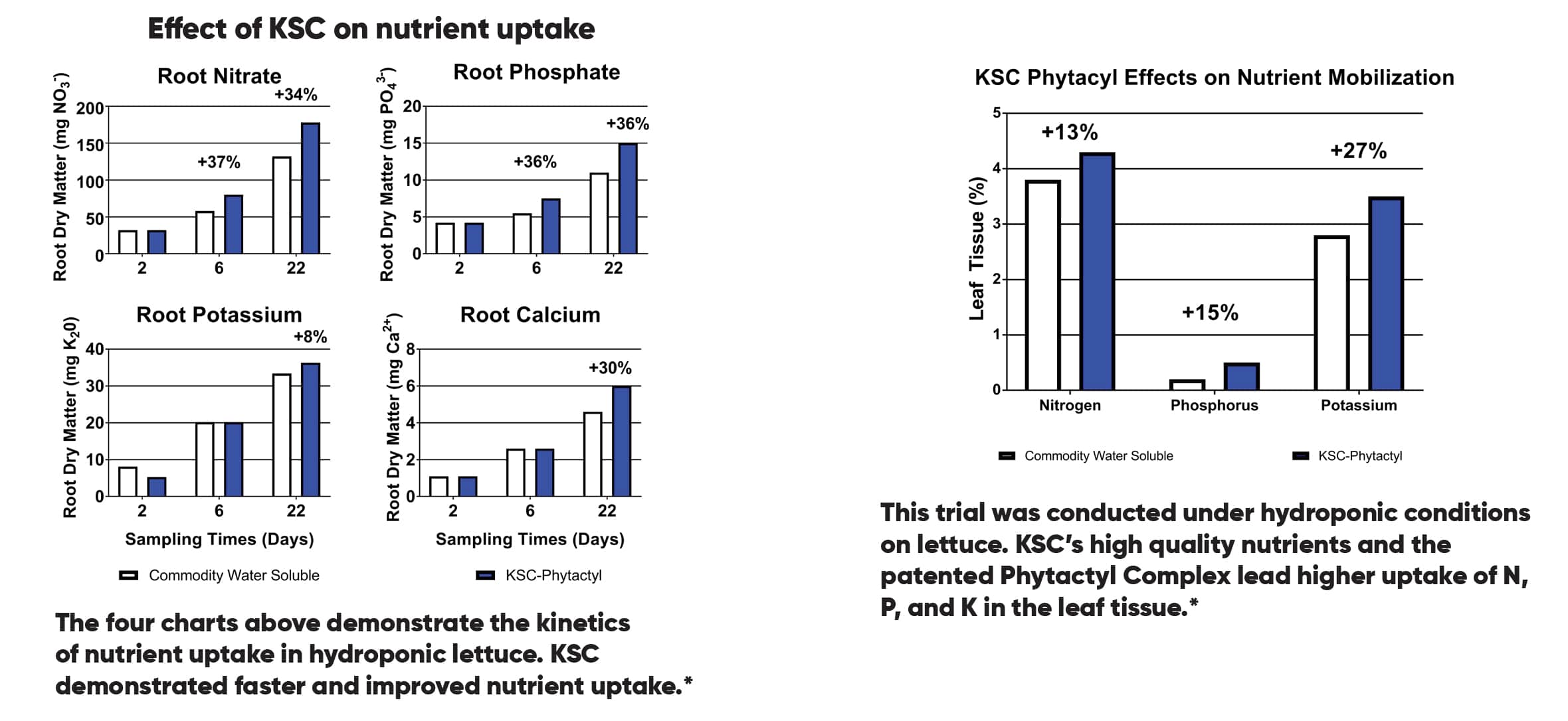 Bar charts showing KSC advantage on nutrient uptake when comparing root dry matter levels of nitrate, phosphate, potassium and calcium. Next to it, bar chart showing KSC advantage on nutrient mobilization according to leaf tissue: +13% nitrogen, +15% phosphorus, +27% potassium.