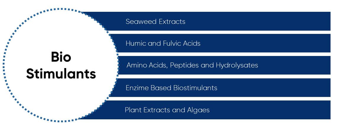 List of products considered bio stimulants: Seaweed Extracts, Humic and Fulvic Acids, Amino Acids, Peptides, and Hydrolysates, Enzyme Based Biostimulants, Plant Extracts and Algaes.